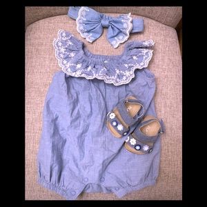 🌻Baby romper, matching headband, sandals 0-3M 🌻